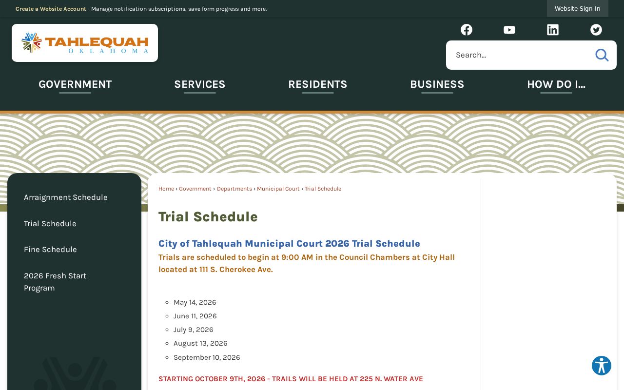Tahlequah municipal trial schedule and warrant record access