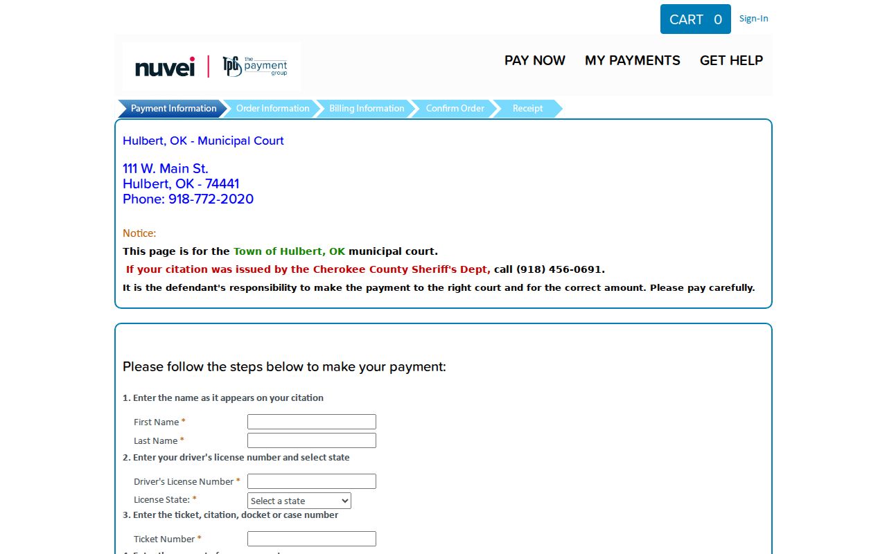 Municipal fine payment route for Cherokee County warrant records
